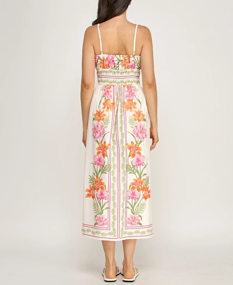 Row A Juniors' Sleeveless Scallop Strap Ruched Waist Midi Dress