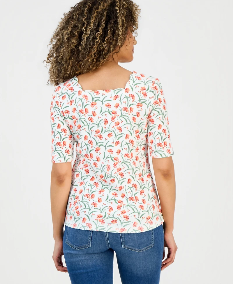 Style & Co Petite Flower Field Elbow-Sleeve Scalloped Square-Neck Top, Macy's Exclusive