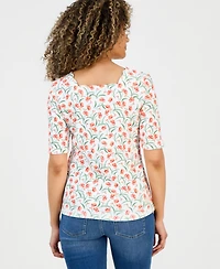 Style & Co Petite Flower Field Elbow-Sleeve Scalloped Square-Neck Top, Macy's Exclusive