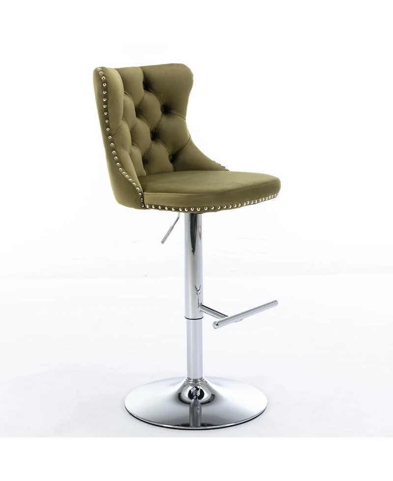 Rainsken Velvet Swivel Bar Stools Set Adjustable Counter Height Chairs with Nailhead Trim and Metal Base for Kitchen Island