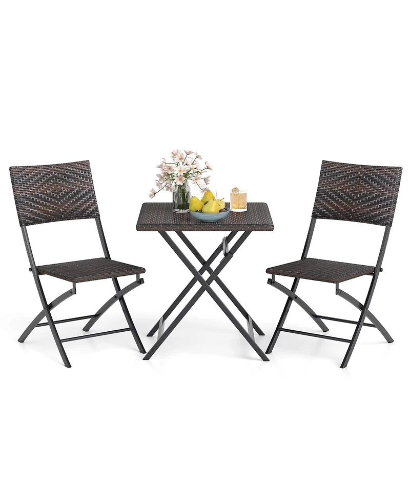 Sugift 3 Piece Rattan Bistro Set Outdoor Folding Dining Table and Chairs with Wicker Seat