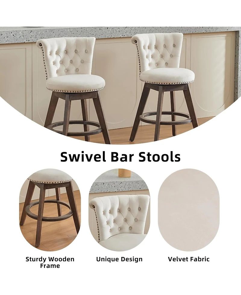 Rainsken 360° Swivel Bar Stools Set of 2, Velvet Counter Height Chairs with Curved Backrest, Nailhead Trim and Solid Wood Legs for Kitchen Island