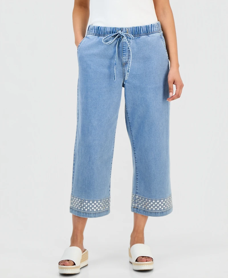 Style & Co Petite High-Rise Wide-Leg Embellished Jeans, Macy's Exclusive