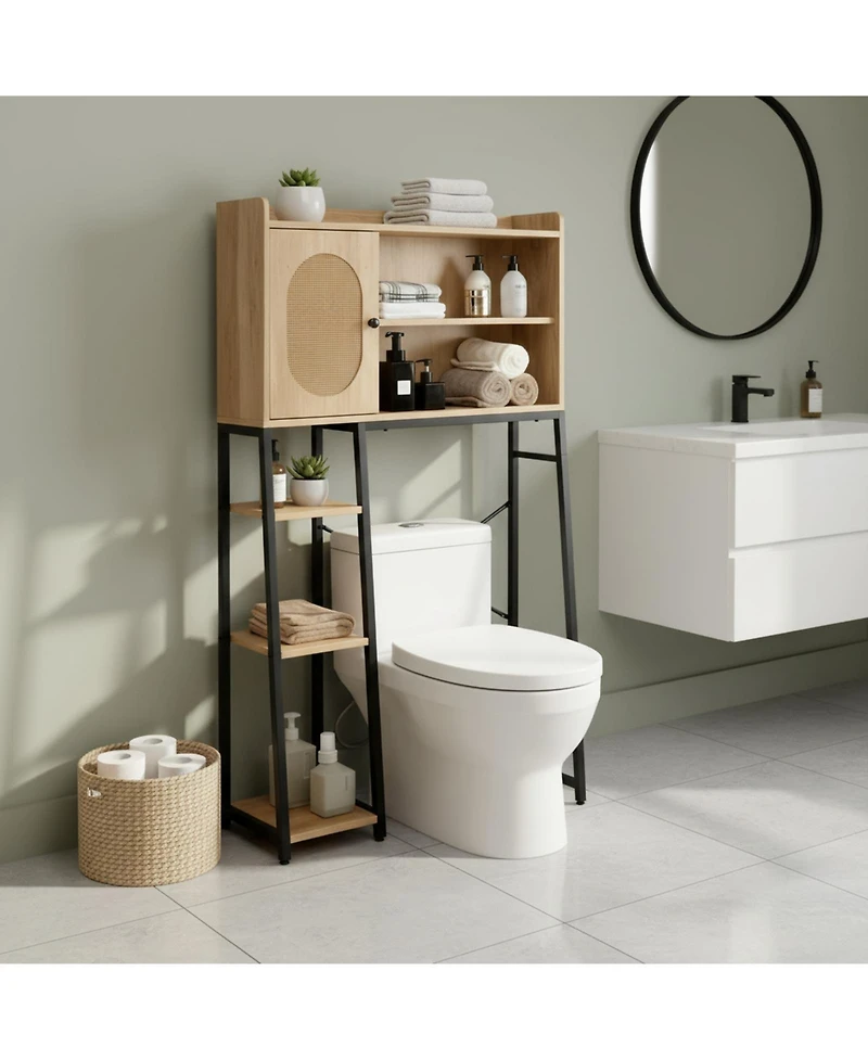 Yigii Over The Toilet Storage Cabinet Rattan Door Freestanding Adjustable Shelf Bathroom Organizer Metal Stand Space Saver