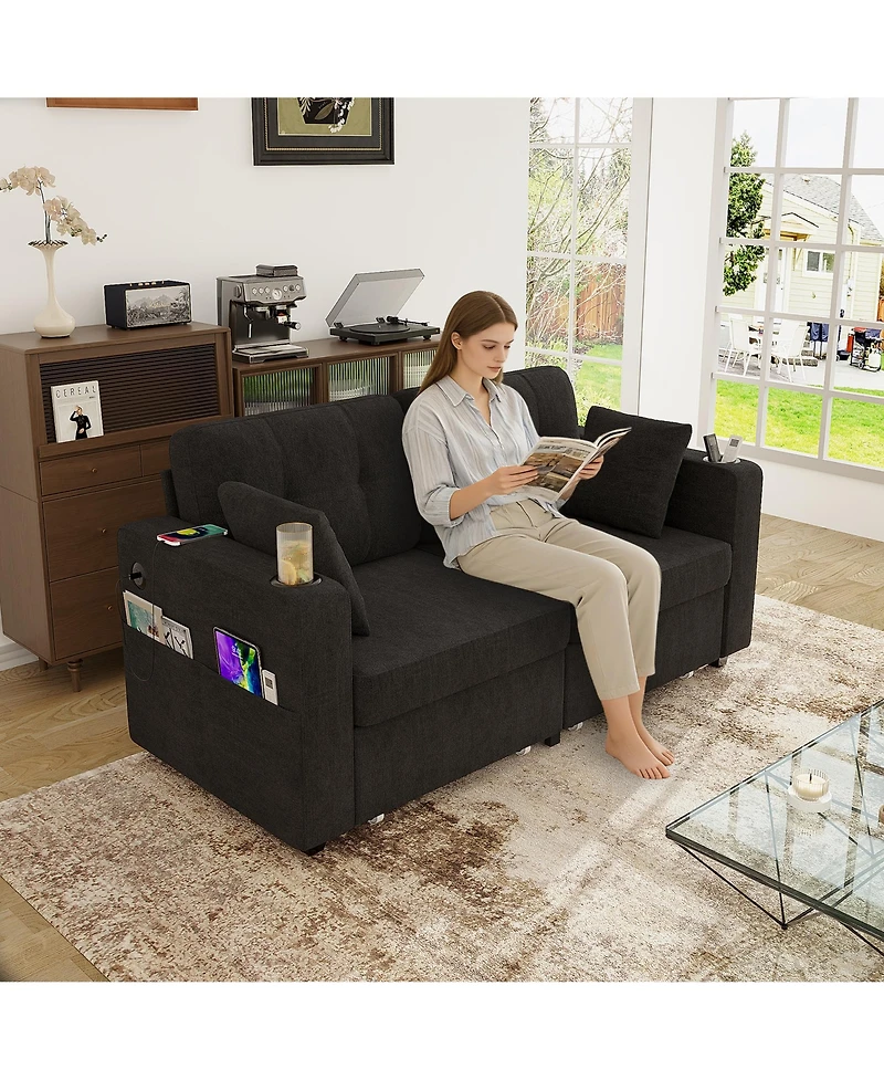 Rainsken Modern 2-Seater Chenille Couch, 67 Inch Loveseat Sofa with Usb Ports, Cup Holders, Storage and Solid Wood Frame for Living Room