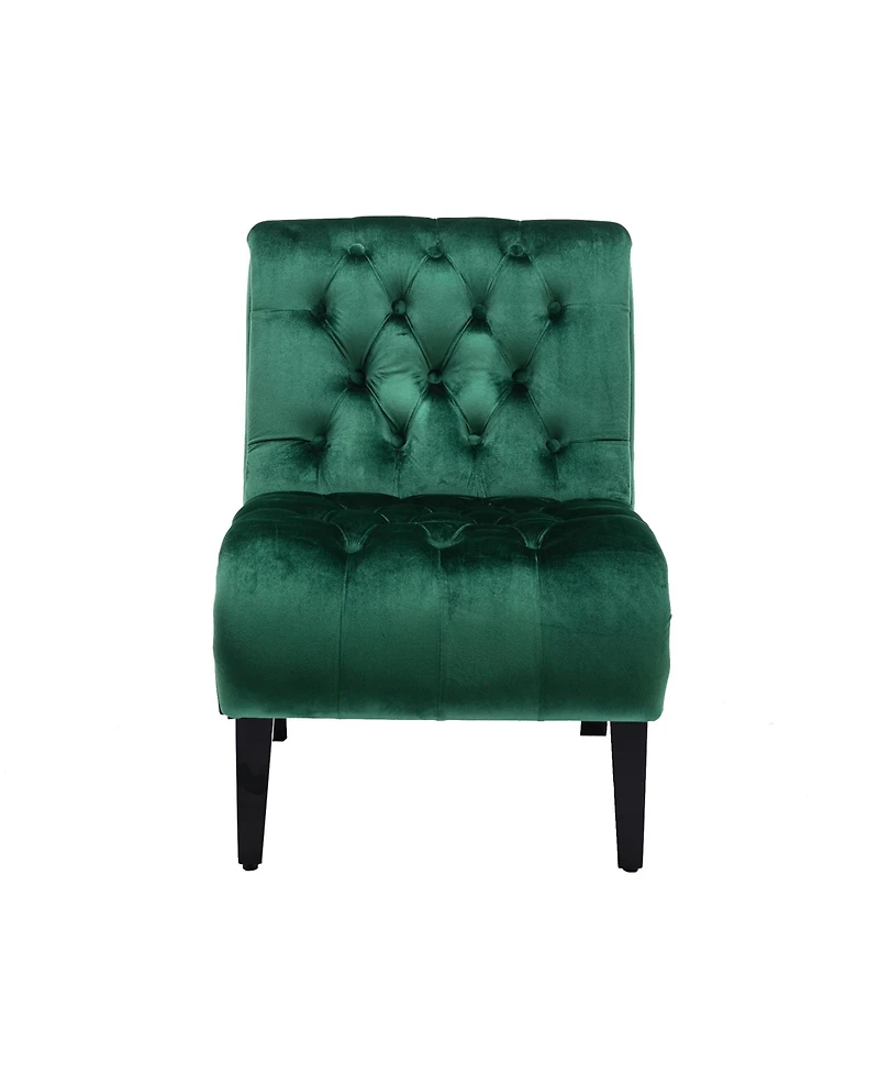 Rainsken Modern Velvet Accent Chair, Upholstered Fabric Button Reading Chaise with Tufted Back, Wooden Legs, Rolled Edge Design for Living Room