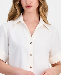 Anne Klein Essentials Petite Button-Front Short-Sleeve Top