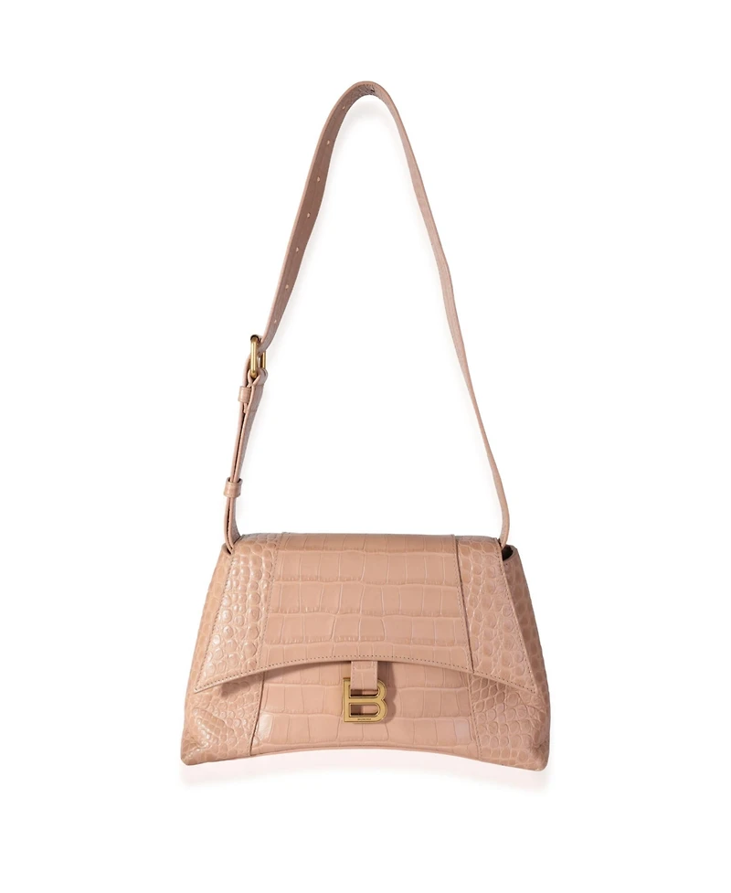 Pre-Owned Balenciaga Beige Croc Embossed Hourglass Downtown Shoulder Bag