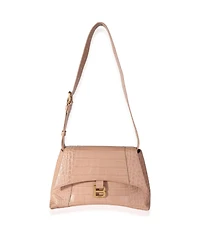 Pre-Owned Balenciaga Beige Croc Embossed Hourglass Downtown Shoulder Bag