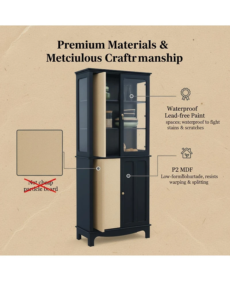 Yigii 72" Freestanding Kitchen Pantry Storage Cabinet Glass Door Adjustable Shelves Multifunctional Classical