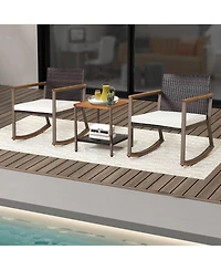 Gymax 3PCS Patio Rattan Rocking Chair Bistro Set Armrest Cushion Table w/ Storage Shelf