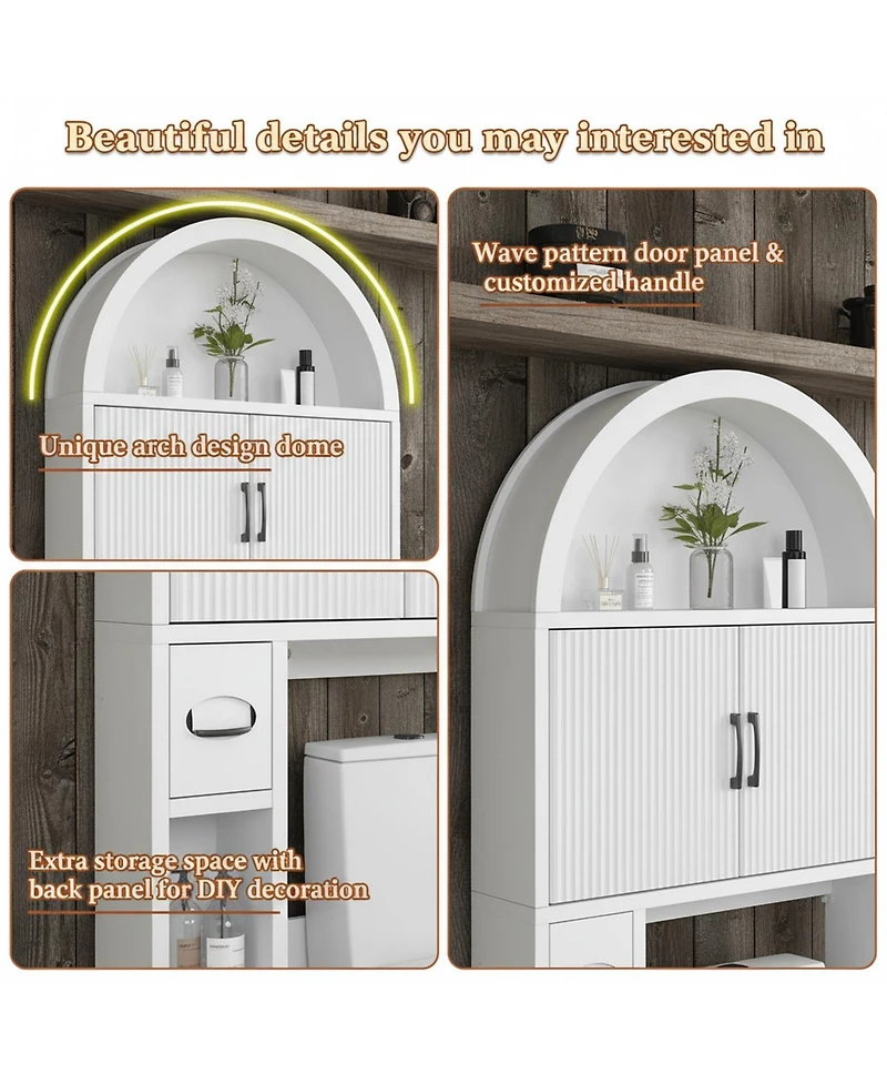 Yigii Over The Toilet Storage Cabinet Freestanding Adjustable Shelf Anti-tip Arched Doors Space-saving Multifunctional