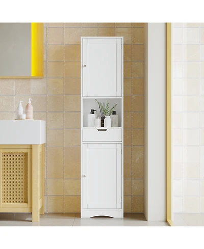 Rainsken 67" Tall Bathroom Storage Cabinet, Slim Corner Floor Cabinet with 2 Doors, 1 Drawer and Adjustable Shelves for Small Space