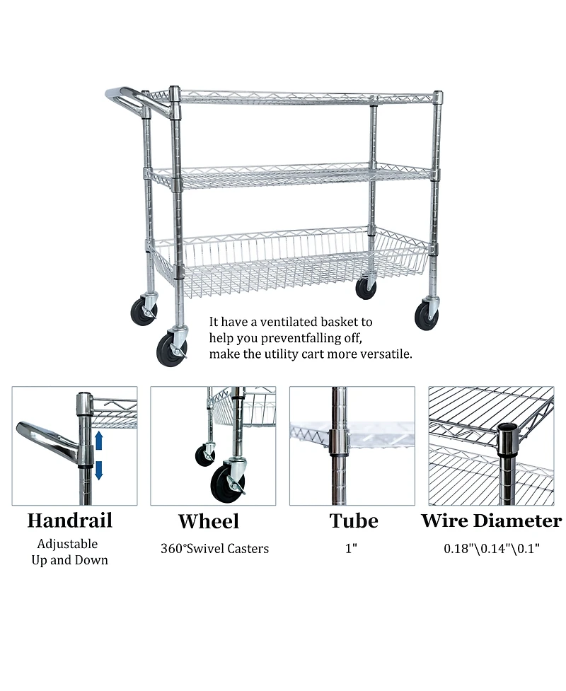 Rainsken Heavy Duty Rolling Utility Cart, 3 Tier Metal Kitchen Carts On Wheels with Handle Bar & Wire Shelf for Restaurant, Plant Display