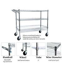 Rainsken Heavy Duty Rolling Utility Cart, 3 Tier Metal Kitchen Carts On Wheels with Handle Bar & Wire Shelf for Restaurant, Plant Display