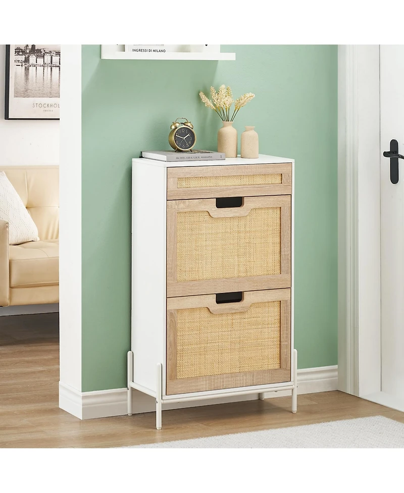 gaomon Rattan Freestanding Shoe Cabinet - 2 Flip +1 Drawer Entryway Shoe Rack Storage Organizer