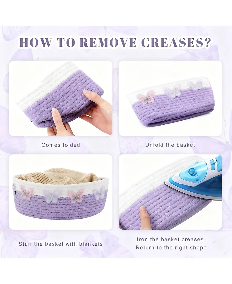 Yigii 3 Purple Butterfly Woven Cotton Baskets for Home Storage