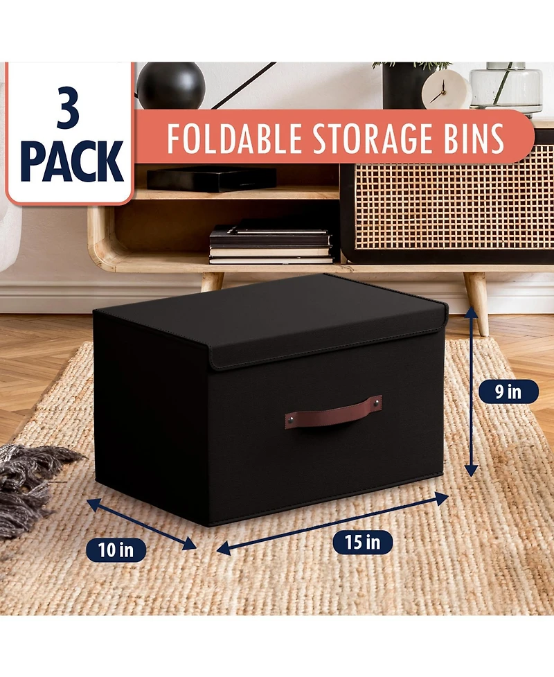Ornavo Home Pack Foldable Linen Storage Bin with Faux Leather Handles and Lid
