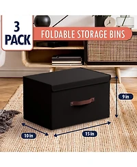 Ornavo Home Pack Foldable Linen Storage Bin with Faux Leather Handles and Lid