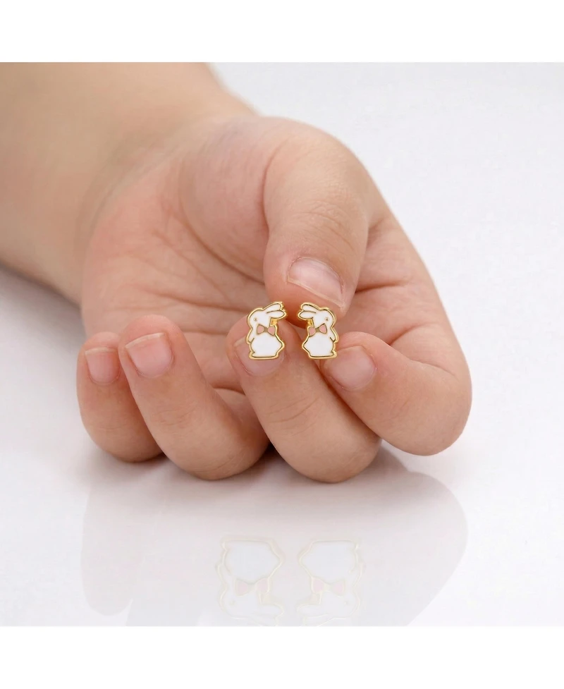 GiGiGirl Sterling Silver 14K Gold Plated White Enamel & Pink Bow Tie Bunny Rabbit Stud Earrings