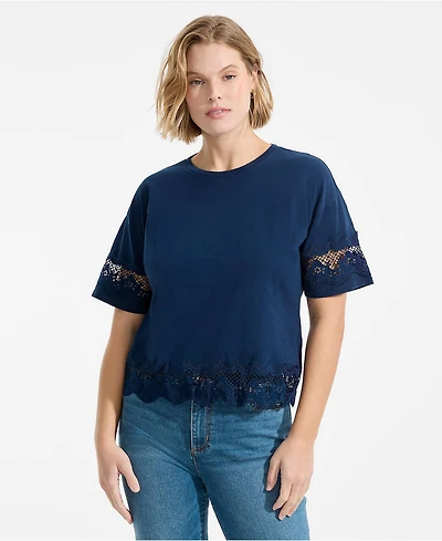 Lands' End Plus Short Sleeve Slub Jersey Cutwork T-Shirt