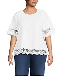 Lands' End Plus Short Sleeve Slub Jersey Cutwork T-Shirt