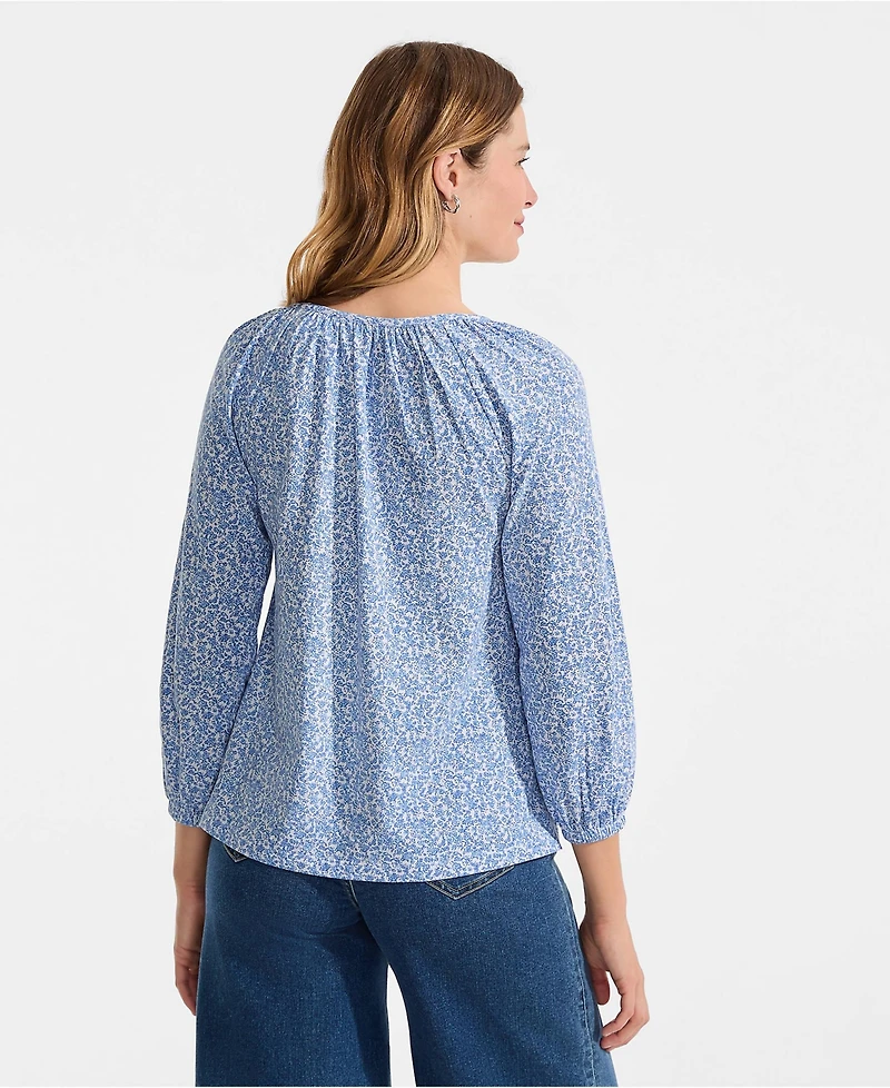 Lands' End Women's Lightweight Jersey 3/4 Sleeve Notch Neck Gather Blouse