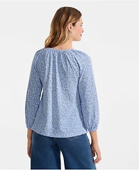 Lands' End Women's Lightweight Jersey 3/4 Sleeve Notch Neck Gather Blouse