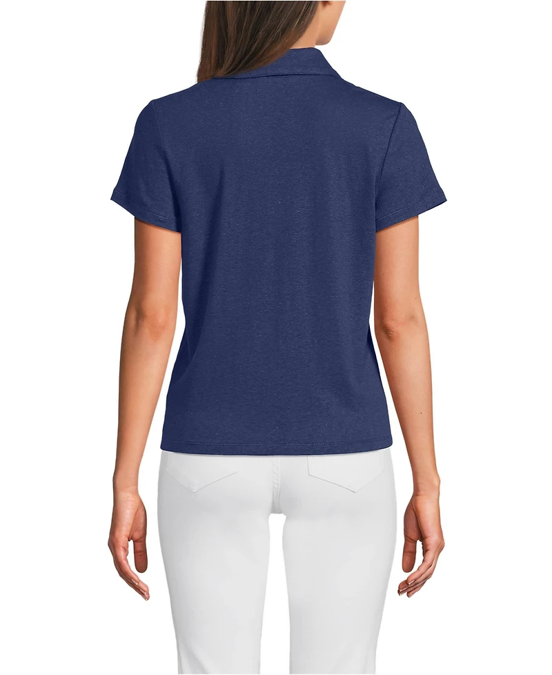 Lands' End Women's Linen Blend Short Sleeve Button Front Polo Top