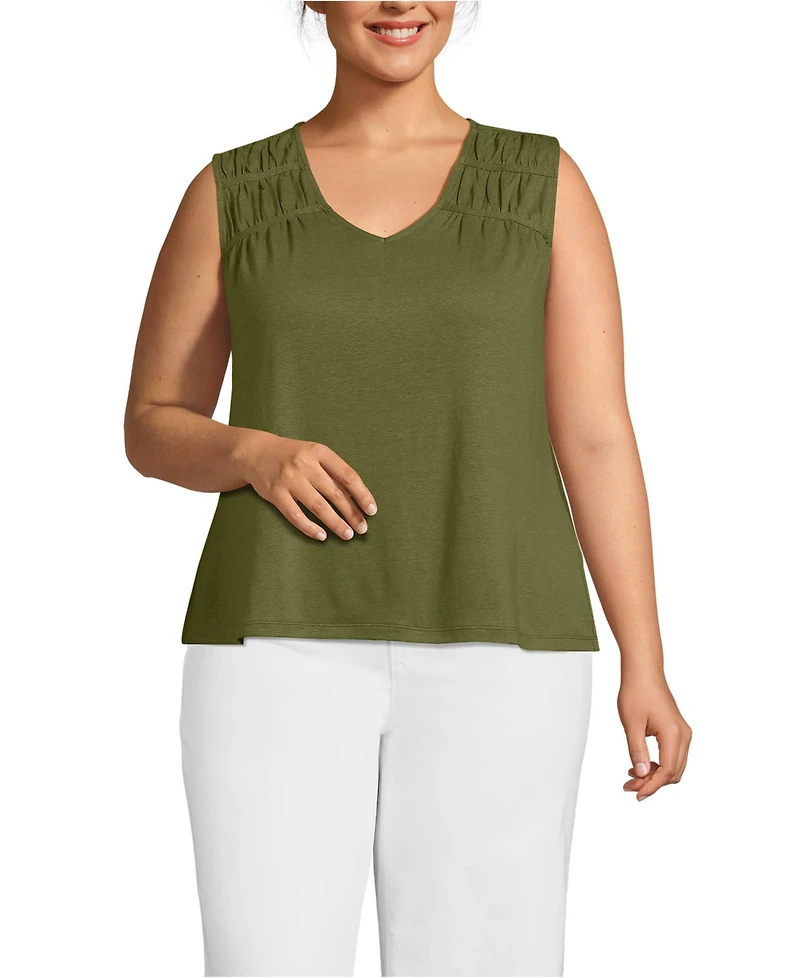 Lands' End Plus Linen Blend Smocked Flowy Tank