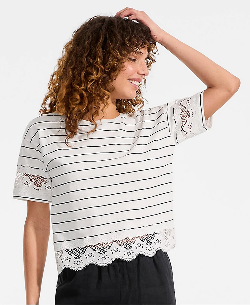 Lands' End Petite Short Sleeve Slub Jersey Cutwork T-Shirt