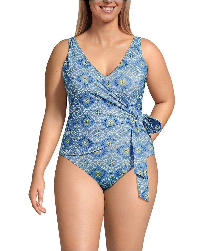 Lands' End Plus Size Side Tie Wrap One Piece Swimsuit