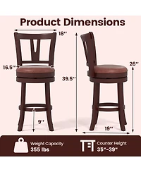 Gymax 26'' Counter Height Swivel Barstools Set of 2 High Backs and Footrests Solid Wood
