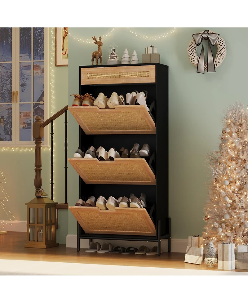 Homfan Rattan Storage Cabinet with 3 Flip Drawers, Freestanding Entry Way Shoe Storage Cabinet, Narrow Entrance Shoe Cabinets