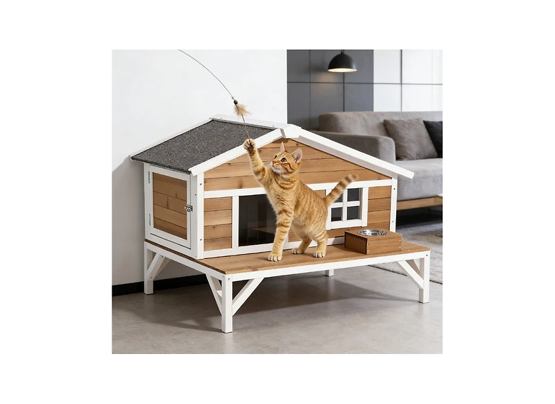 Zeus and Ruta Wooden Insulated Cat House Elevated Winter Shelter With Large Platform Waterproof Outdoor Condo