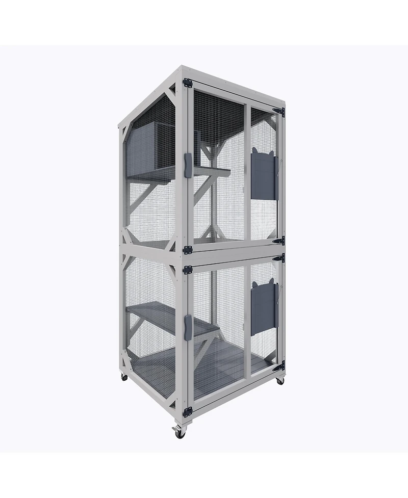 Zeus and Ruta Large Outdoor Cat Enclosure Catio With Wheels Multi Level Wooden Cat House With Platforms Lockable Doors