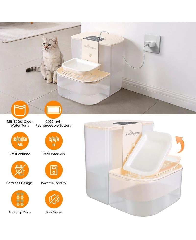 Zeus and Ruta Smart Pet Water Fountain 45L Cordless Rechargeable Auto Cat Dog Dispenser Remote Control 3 Volume Settings
