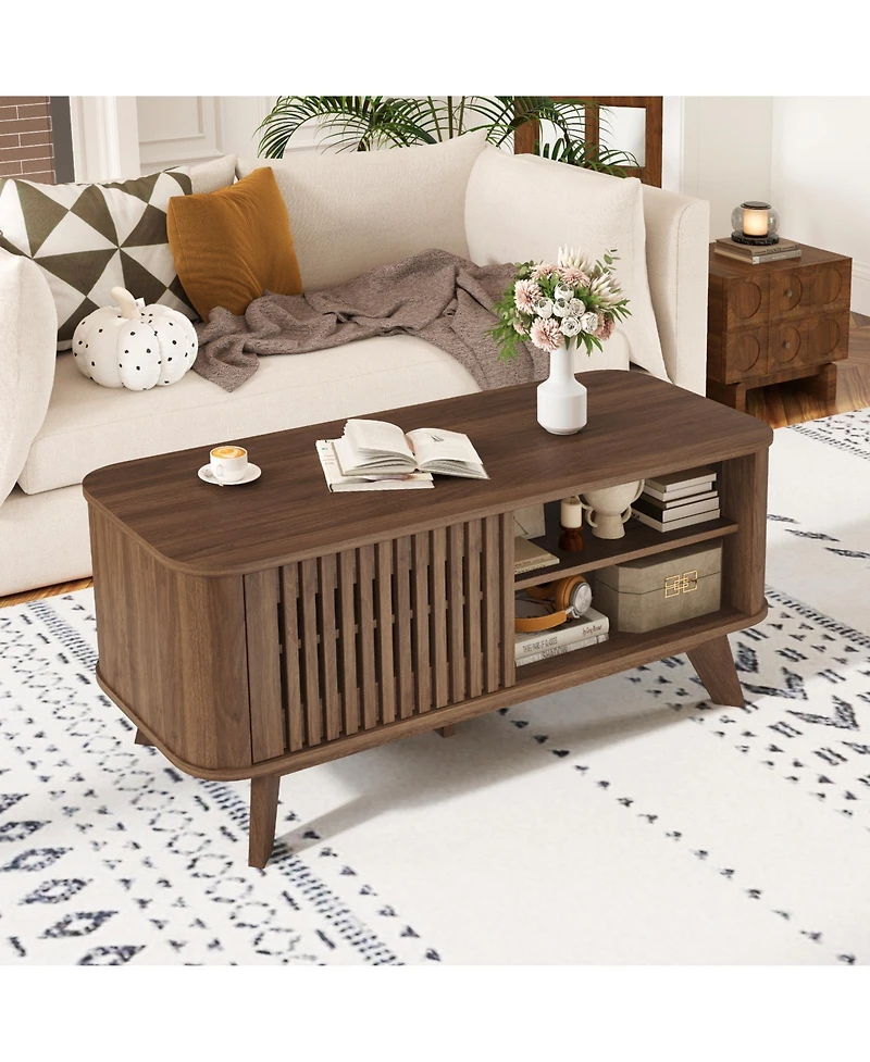 Slickblue Rectangular Coffee Table Storage Adjustable Shelves Walnut
