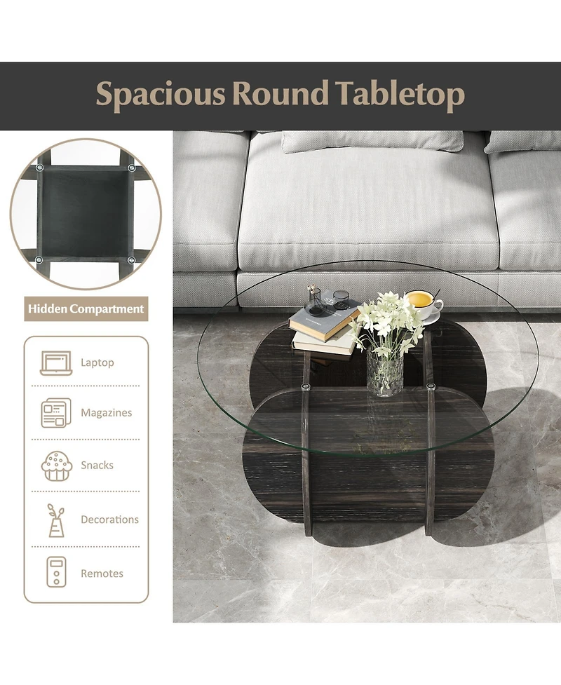 Slickblue Round Coffee Table Tempered Glass Wood Base