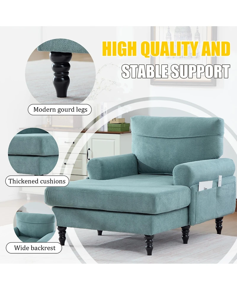 Rainsken Extra Large Chenille Chaise Lounge, Modern Reclining Single Sofa with Wooden Legs and Side Pockets for Living Room, Bedroom