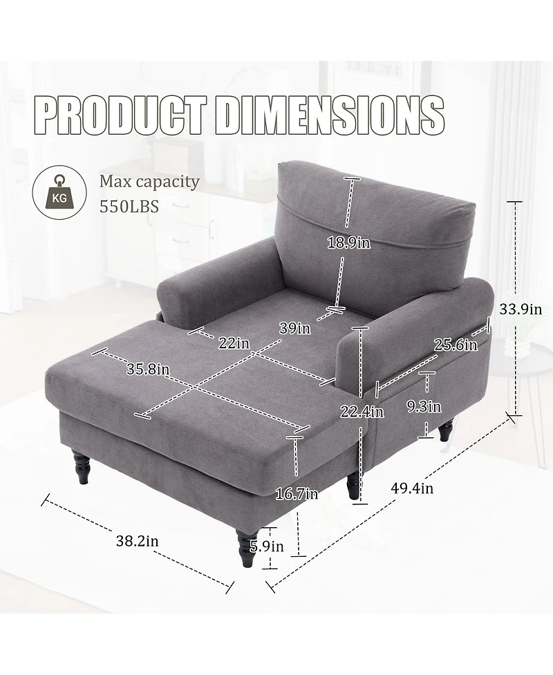 Rainsken Oversized Chenille Chaise Lounge, Leisure Recliner Sofa with Wooden Legs and Side Pockets for Living Room, Bedroom