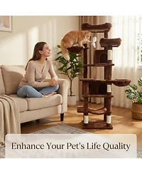 Aostirmotor 68" Cat Tree with Hammocks, Hanging Basket, Cat Cave and Scratching Posts, Plush Cat Tower for Indoor Cats