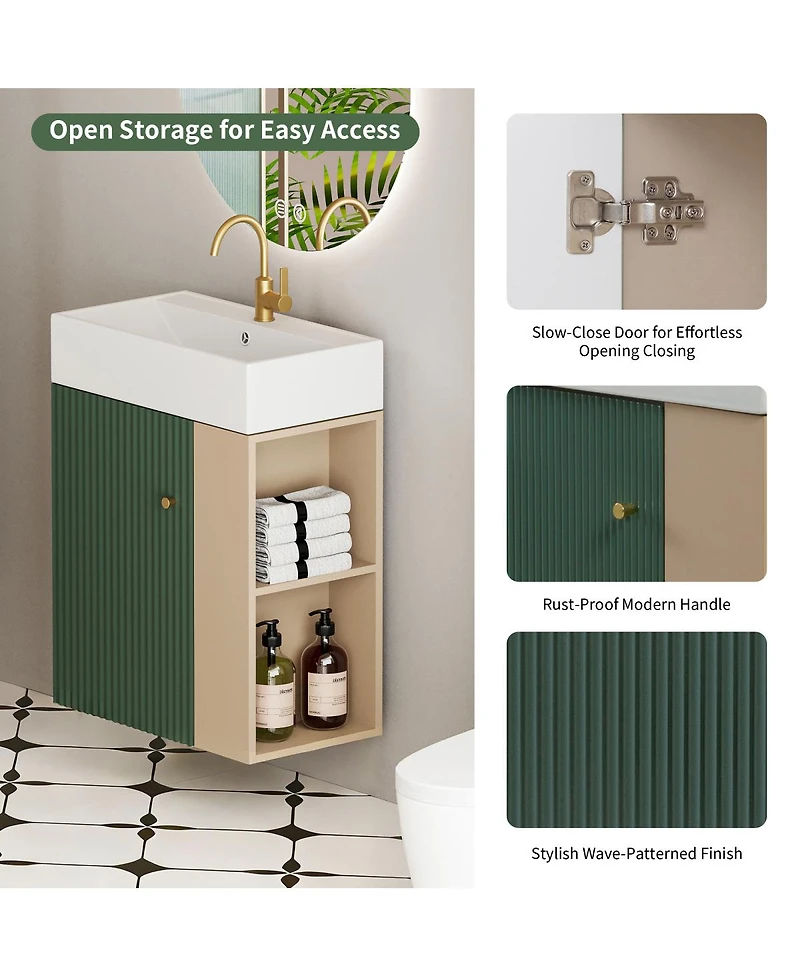 Sillysis Bathroom Vanity with Sink, Modern Wood Cabinet, Soft Close Door and Open Storage, Small Space Organizer