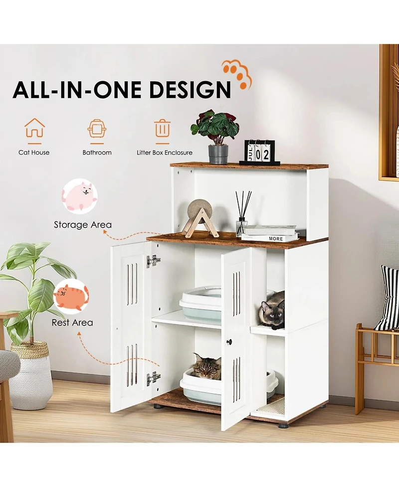 Zeus and Ruta Litter Box Enclosure for 2 Cats Hidden Cat Furniture Double Cabinet Side Table Wash Bathroom Storage