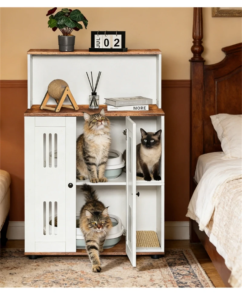 Zeus and Ruta Litter Box Enclosure for 2 Cats Hidden Cat Furniture Double Cabinet Side Table Wash Bathroom Storage