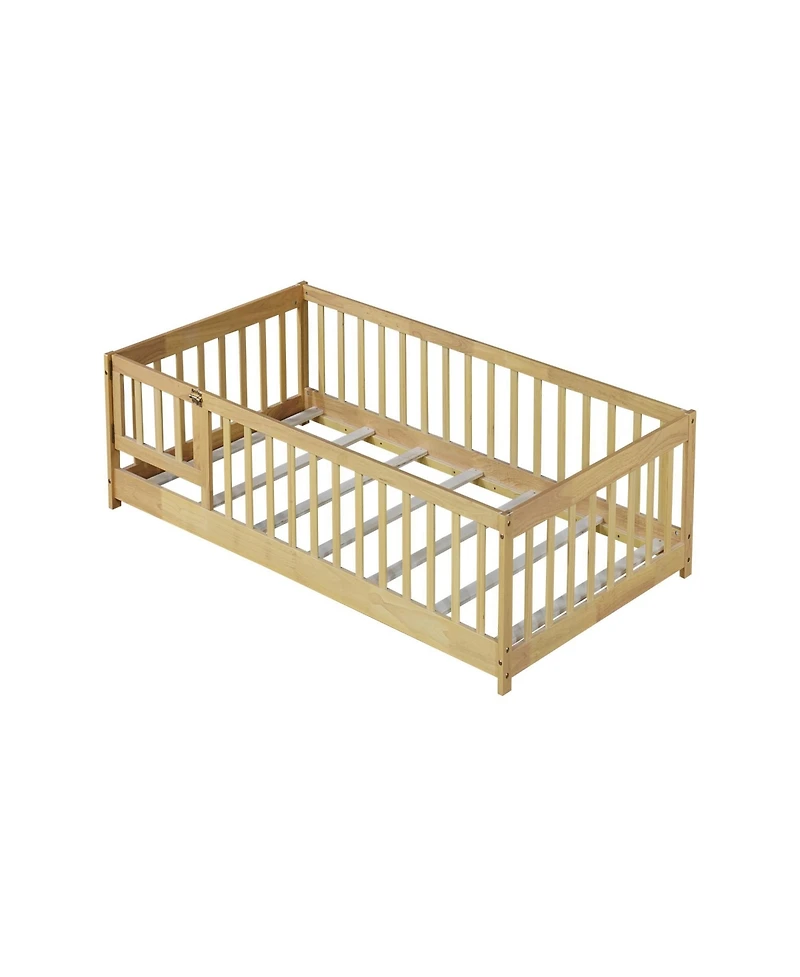 Clihome Twin Size Floor Bed with Fence and Door,Rubber Wood Floor Bed with Safety Guardrails