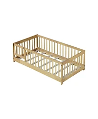 Clihome Twin Size Floor Bed with Fence and Door,Rubber Wood Floor Bed with Safety Guardrails