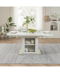 Clihome 47.24"-63"Modern Rectangle Dining Table, Stretchable, with Printed Marble Table Top+Storage Cabinet Table Leg with Metal Base