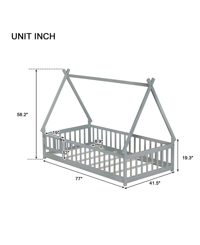 Clihome Twin Tent-shaped Floor Bed,Teepee Bed with Guardrails,Slats and Door