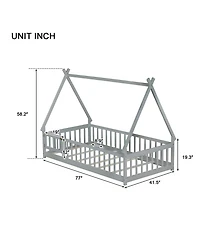 Clihome Twin Tent-shaped Floor Bed,Teepee Bed with Guardrails,Slats and Door